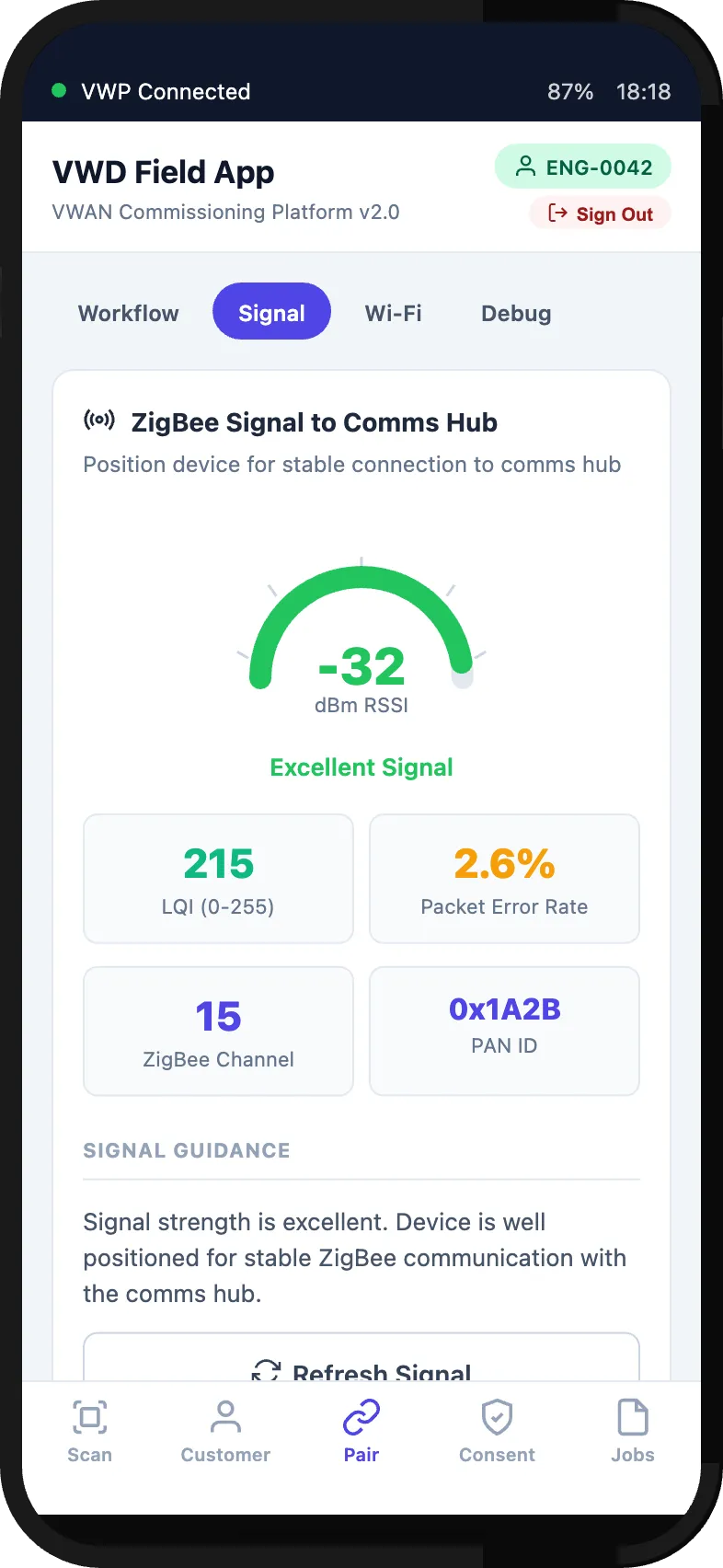 Field app signal diagnostics showing ZigBee and WiFi measurements