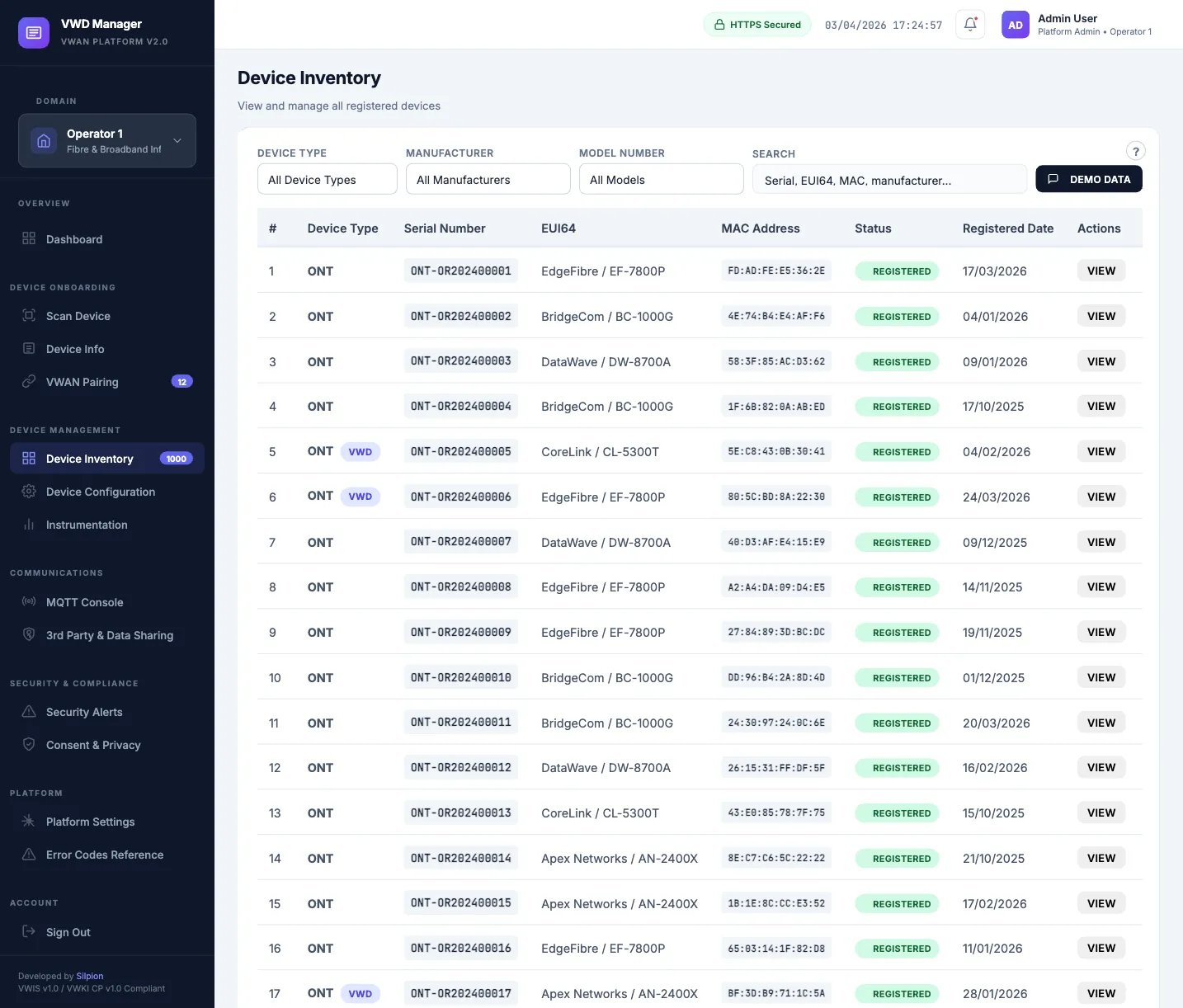 Device inventory showing fleet of registered devices with status, firmware version and communication timestamps