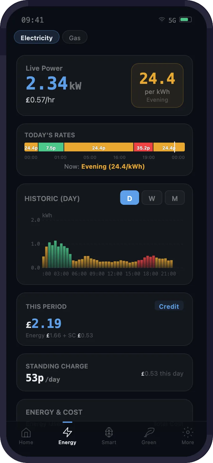 Mobile electricity detail with Agile rate timeline and consumption history