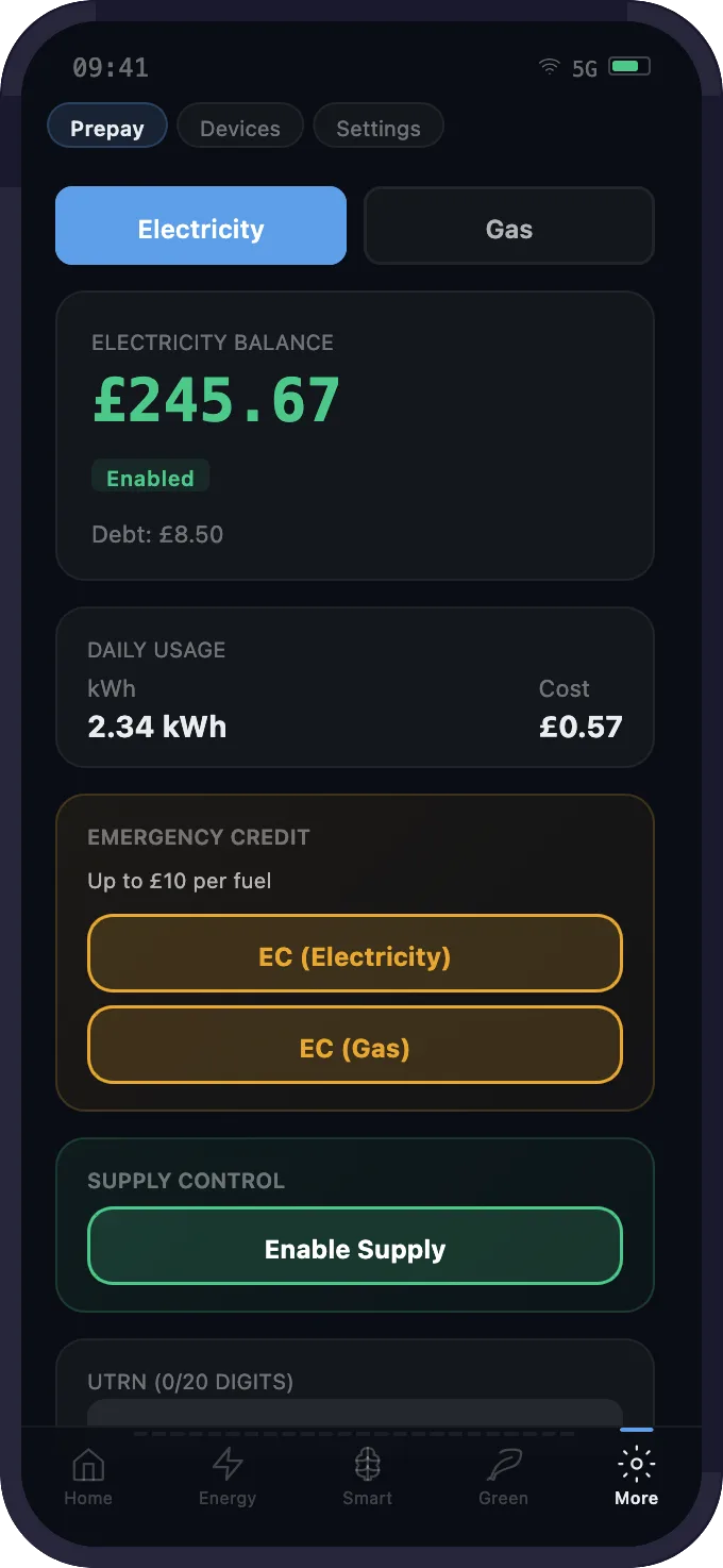 Mobile prepayment management with balances, UTRN top-up and emergency credit