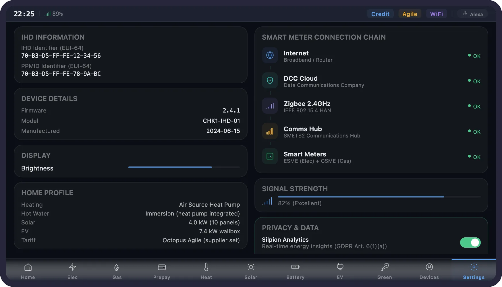 Settings and diagnostics showing five-stage SMETS2 connection chain, signal strength and GDPR analytics toggle